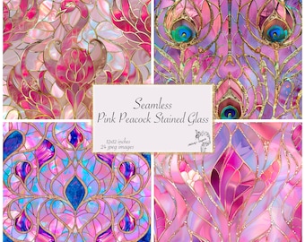 Pink Peacock Stained Glass Digital Paper, Seamless Printable Textures printable scrapbook paper