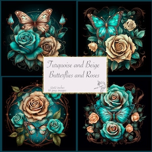 Papillons et roses turquoise et beige pour carnet de notes rococo en papier pour carnet de bord, papier gothique, images fantastiques gothiques, kit de scrapbooking