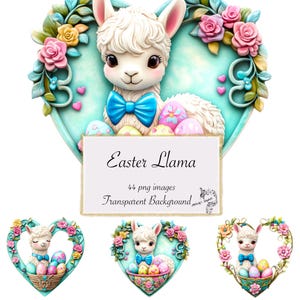 44 lamas de Pâques dans un coeur magnifique, conception 3D clipart format png téléchargement numérique illustrations de Pâques décoratives pour le printemps