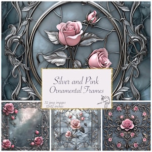 Puede incluir: Un collage digital de tres imágenes con marcos ornamentales plateados con rosas rosas. El texto "Silver and Pink Ornamental Frames" se muestra en el centro del collage. El texto "32 jpeg images 12x12 inches" se muestra debajo del título.