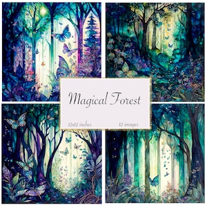 Magischer Wald mit Schmetterlingen, Journal Papier, Digitales Papier, Fantasy Papier junk Journal Seiten printable 12x30 Papier, sofort downloadbar