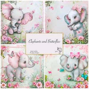 Elefantes e borboletas diário papel meninas scrapbooking kits desenhos infantis boho decoração download instantâneo uso comercial