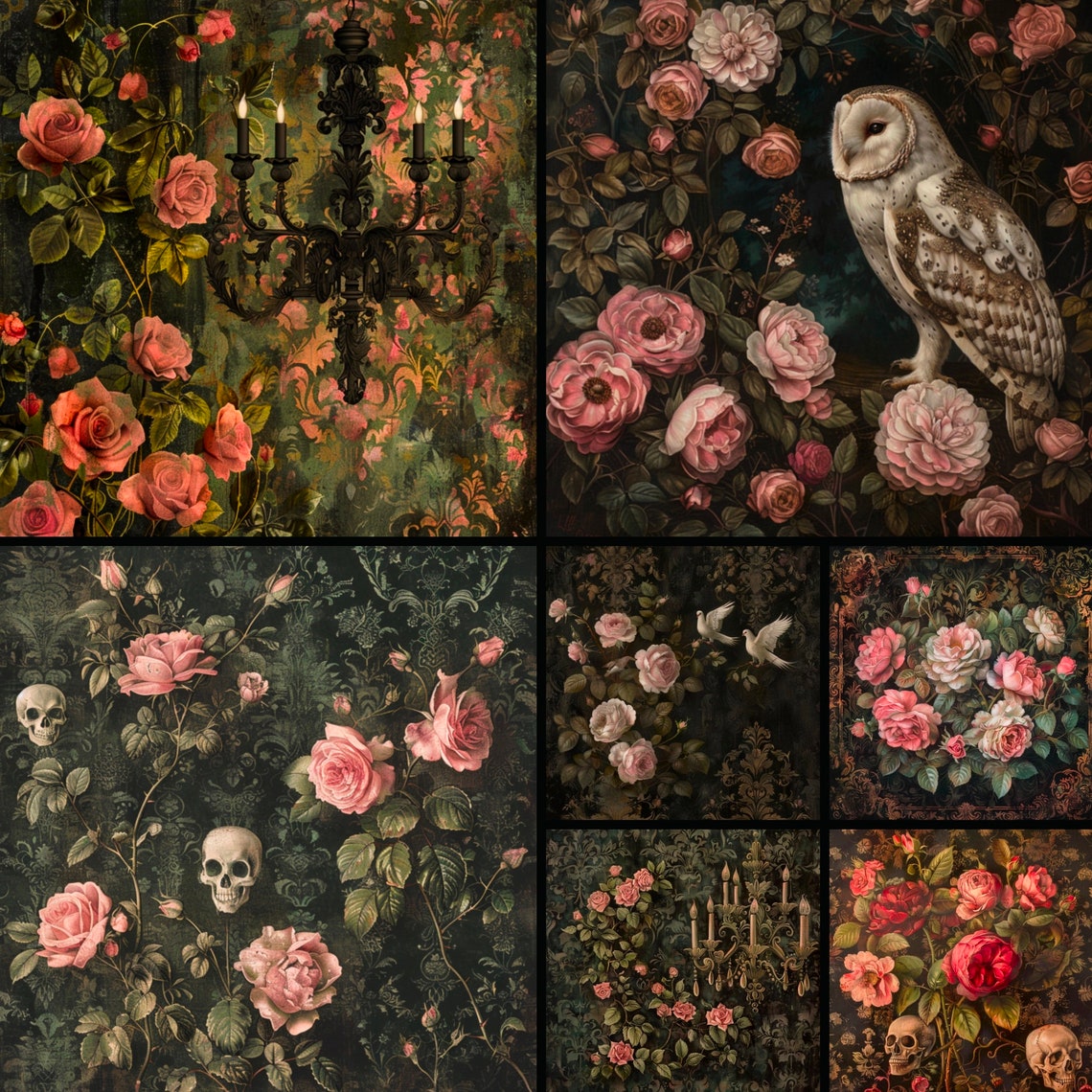 Gothic Rococo Digital Paper, Dark Floral Oil Paint Textures (12x12in ...