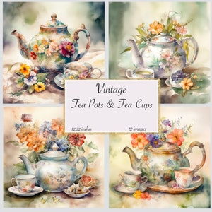 Könnte beinhalten: Eine Collage aus vier Aquarellbildern mit Vintage-Teekannen und Teetassen. Jedes Bild zeigt eine Teekanne und eine Teetasse mit Blumendesigns und einen Blumenstrauß. Der Text "Vintage Tea Pots & Tea Cups" wird in der Mitte der Collage angezeigt.