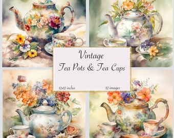Vintage Tea Pots and Tea Cups Journal Paper, Digital paper, Rococo Fantasy paper journal pages printable 12x12 paper instant download