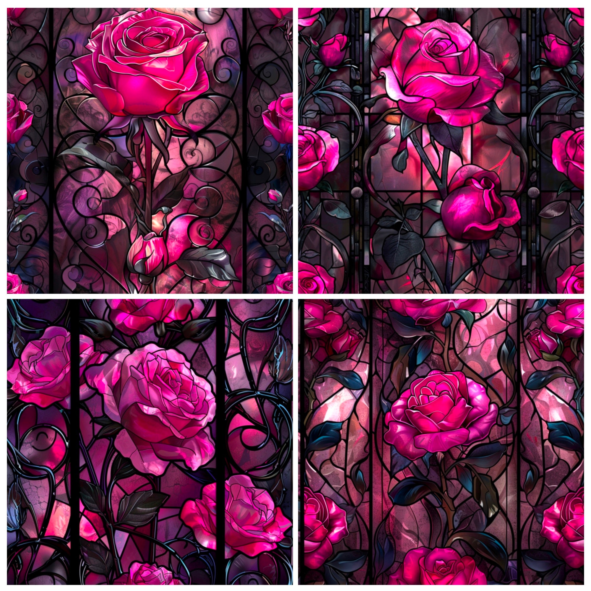 Gothic Roses Stained Glass Digital Paper, Gothic Pink Roses Journal ...