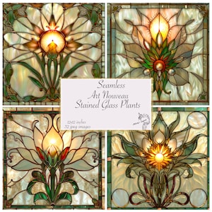 May include: Four seamless digital paper designs featuring Art Nouveau stained glass plants in shades of green, gold, and white. The designs are 12x12 inches and come in 32 jpeg images.