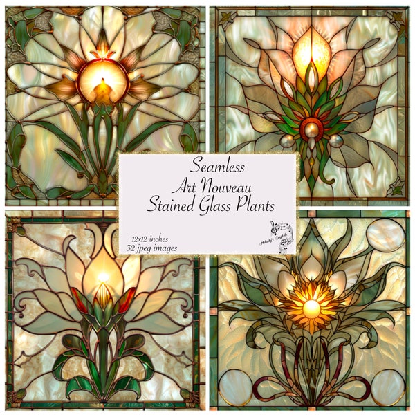 Seamless Art Nouveau Stained Glass Plants Digital Images Journal Paper Decoupage Printable Designs