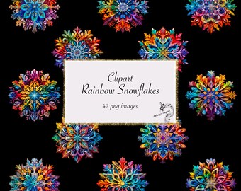 Rainbow Snowflakes Clipart, Dazzling PNG Bundle (Digital Download)