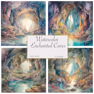 Watercolor Enchanted Caves Journal Paper, Digital paper, Rococo watercolor junk journal pages printable 12x12 paper instant download