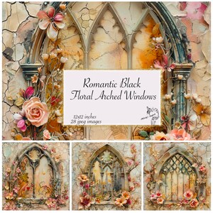 May include: A digital collage of three arched windows with black frames and floral embellishments. The windows are set against a cracked, textured background. The text "Romantic Black Floral Arched Windows" is displayed in the center of the image. The text "12x12 inches, 28 jpeg images" is also displayed.