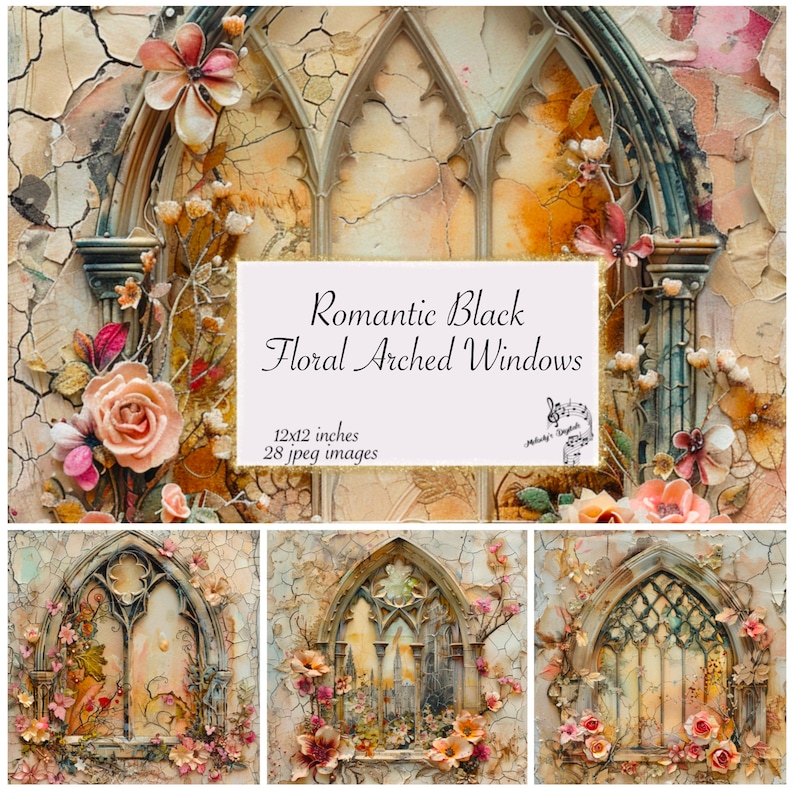 Romantic Black Floral Arched Windows Digital Paper, Cathedral Windows ...