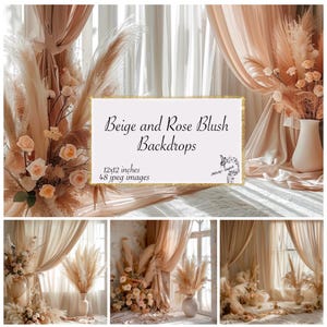 Cenários Bege e Rosa Blush Papel Digital, Cenário Photoshop Boho Bege e Mauve Studio Pano de Fundo Digital Pacote Cenário de Casamento Familiar