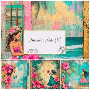 Hawaiian Hula Girl Junk Journal Pages Hawaiian Hula Girl Digital Paper, Hawaii Junk Journal Hawaii Digital Paper Scrapbooking Paper