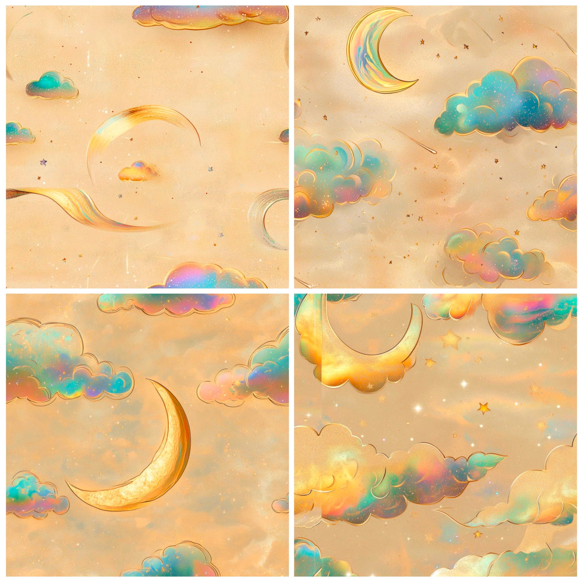 Iridescent Stars and Moon Digital Paper, Seamless Celestial Texture ...