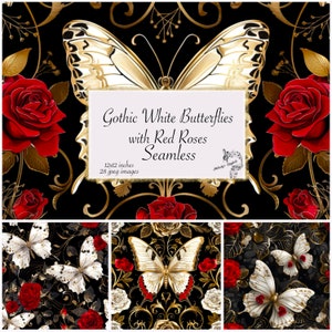 Nahtlose gotische Schmetterlinge Digitales Papier, Gothic Rosen Musterdesign, Dark Fantasy Collage Papierpackung, Florale Texturen,