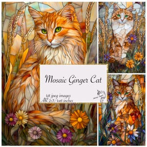 Mosaic Ginger Cat Digital Junk Journal paper, Stained Glass Cat Junk Journal Printable Patterns Scrapbooking Kits, Collage Sheets, Cards