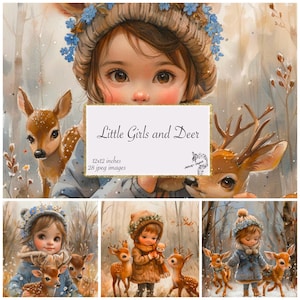 Little Girls and Deer Digital pages, Fall Deer Junk Journaling Pages, Cartoon Girls Scrapbooking Kit, Girls and Deer Junk Journal Page