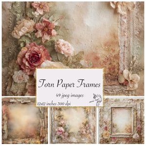 Aquarell Blumen zerrissenes Papier Rahmen Clipart, Junk Journal druckbare Texturen (digitaler Download)
