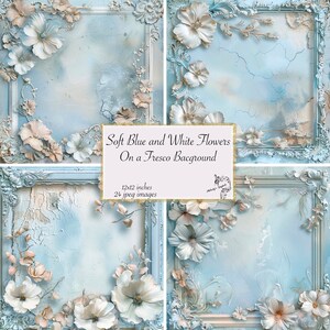 Blue White Flowers Fresco Background, Rococo Digital Paper (12x12 JPEG)