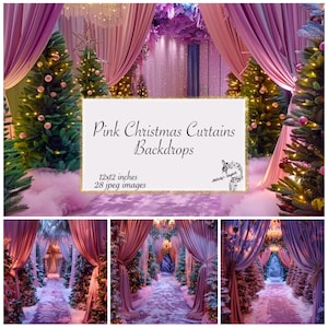 Papel digital de fondo de cortina de Navidad de invierno rosa, papel digital de fondo de cortinas de Navidad, cortinas de escenario, fondos de Photoshop