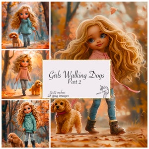 Girls Walking Dogs Digital Paper, Fashion girls' cute puppies' digital paper, Fall background pattern, Cartoon Girls and Dogs digital paper