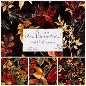 Black Velvet Digital Paper, Black Velvet with Red and Gold Leaves Digital Paper,Faux Velvet Texture Faux Fabric, Seamless Black Velvet pages