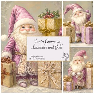 Santa Gnome in Lavender and Gold Junk Journal Printable Ephemera Journaling Supplies Paper Crafts Scrapbooking Pages Winter Cottage Core