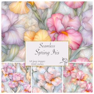 Könnte beinhalten: Ein nahtloses Muster mit zarten Aquarell-Illustrationen von rosa, gelben und violetten Iris mit grünen Blättern. Das Muster ist perfekt für die Erstellung digitaler oder gedruckter Designs.