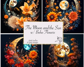 The Moon and the Sun with Boho Flowers Paper Boho Journal Paper Boho Junk Paper Boho Flowers Paper Boho Sublimation Designs Moon and Sun