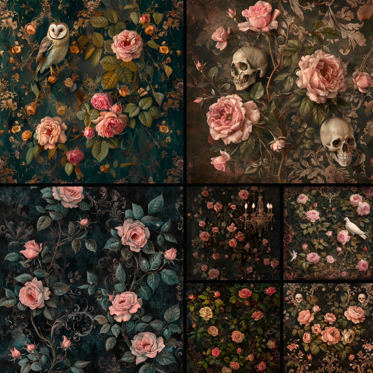 Gothic Rococo Digital Paper, Dark Floral Oil Paint Textures (12x12in ...