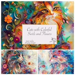 Carta digitale con gatti astratti con turbinii e fiori, carta digitale moderna per progetti artistici, kit di scrapbooking, trame di sfondo