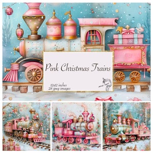 Trenes de Navidad rosas Papel digital Trenes vintage, Papel digital del tren de Navidad encantado, Fondo del tren de Navidad, Paisaje de Navidad
