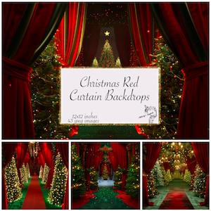 Navidad cortinas rojas telones de fondo papel digital, papel digital de Navidad, cortinas de escenario, cortinas de Photoshop imágenes navideñas telones de fondo