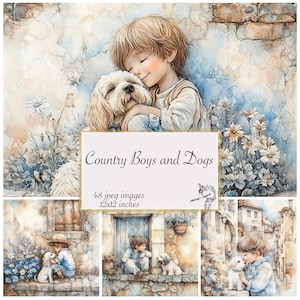 Diario de niños y perros de campo, Kit de niños de campo, Shabby, Infantil. Campestre, Adorable, Niño, Nieto, Azul, Perros lindos, Imprimibles.