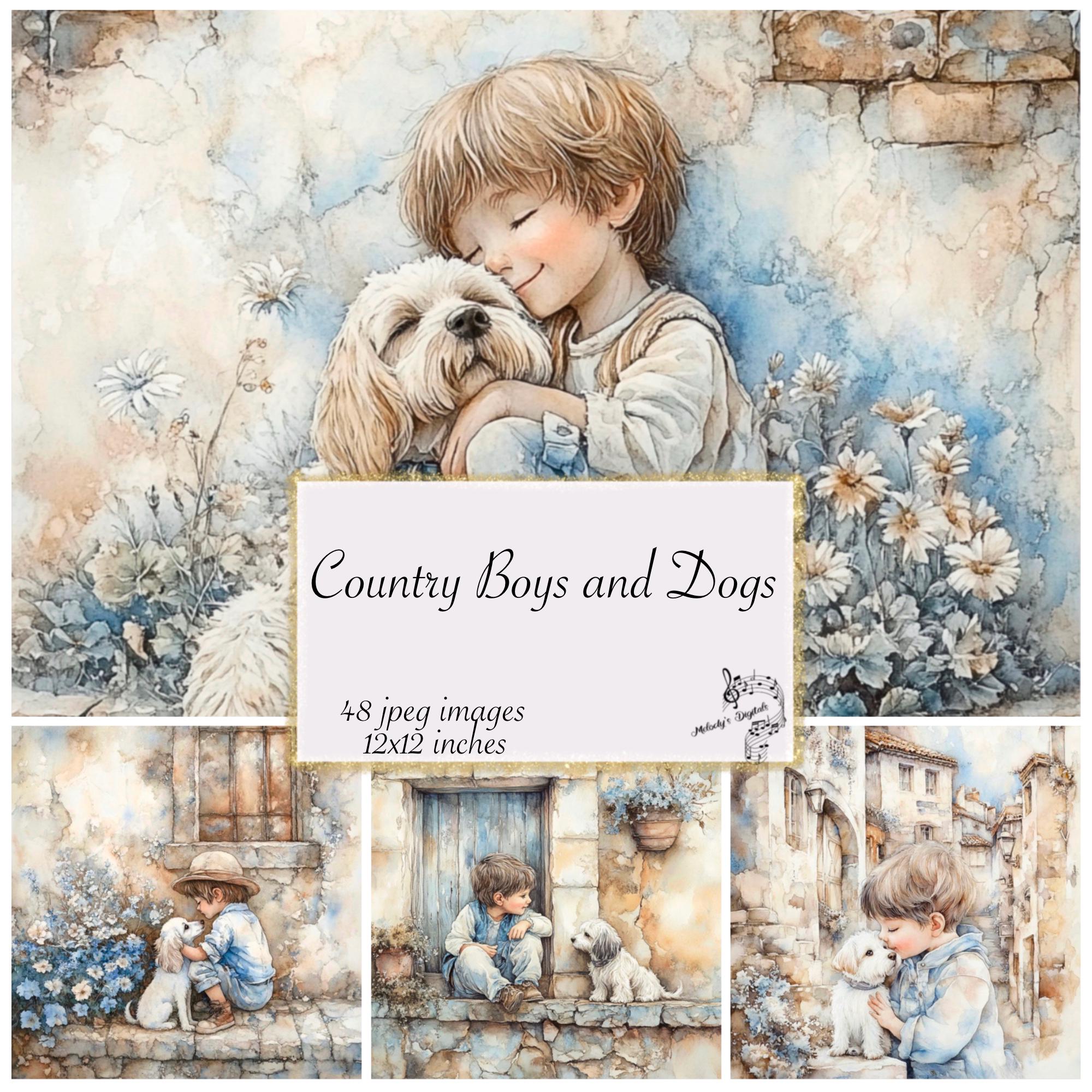 Country Boys and Dogs junk Journal, Cottage Boys, Kit, Shabby, Children. Country, Cute, Little Boy, Grandson, Blue, Cute Dogs, Printables