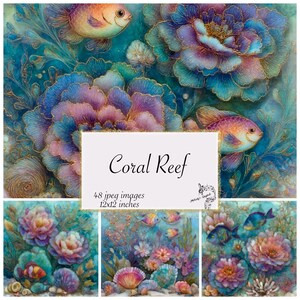 Coral Reef Digital paper, Colorful Coral Digital paper, Tropical Fish, Printable Scrapbook patterns, Aquatic backgrounds