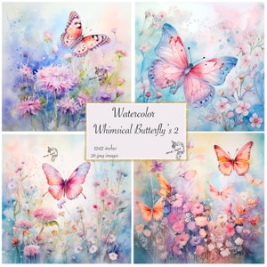 2 papillons fantaisistes aquarelle papier journal papier aquarelle indésirable, papillons aquarelle papier journal sublimation dessins