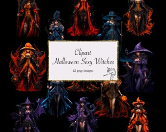 Retro Halloween Witch Clipart PNG Bundle, Gothic Fantasy Graphics