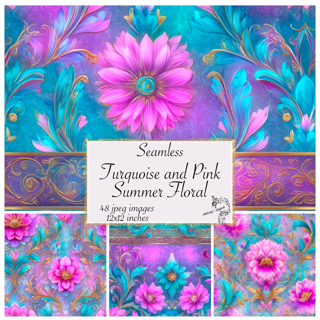 Turquoise and Pink Floral Digital Paper, Seamless Scrapbook Pattern ...