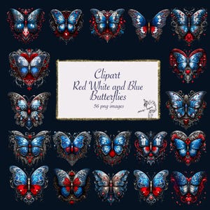 Clipart di farfalle rosse bianche e blu gotiche, 56 immagini png, immagini di farfalle clipart gotiche, pacchetto di download immediato di farfalle patriottiche