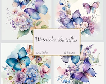 Watercolor Butterflies Journal Paper, Digital paper, Rococo watercolor junk journal pages printable 12x12 paper instant download