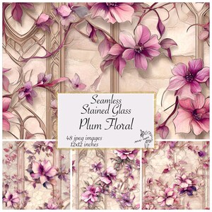 Seamless Stained Glass Plum Floral Junk Journal paper, Art Nouveau, Fantasy Junk Journal. Plum Flowers Journal Kits, Scrapbook Kits, Gothic
