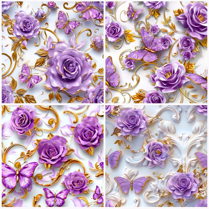 Pastel Purple Roses Pattern Purple Butterfly Roses Digital Paper, Seamless Pattern (digital ...