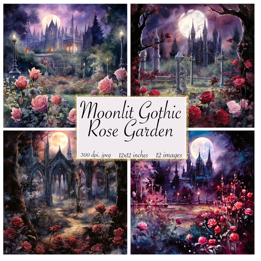 Gothic Roses Watercolor Paper, Moonlit Cemetery Garden (digital ...