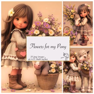 Papier numérique Fleurs pour mon poney, papier numérique Une fille et son poney, fleurs de la campagne dessins numériques kit de scrapbooking papier journal indésirable