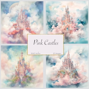 Pink Castles Journal Paper, Digital paper, Rococo watercolor junk journal pages printable 12x12 paper instant download