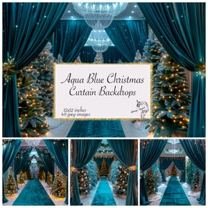 Aqua azul Navidad cortina telón de fondo papel digital, cortinas de Navidad fondo papel digital, cortinas de escenario, Photoshop telón de fondo digital