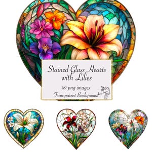 Corações de vitral com lírios clipart, download instantâneo digital Páscoa, enfeites png de flores vintage, primavera, uso comercial