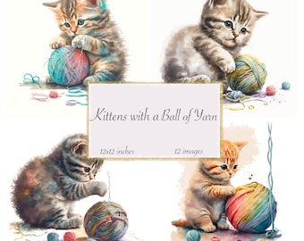 Kittens with Yarn, Rococo Watercolor Paper (Digital Download)